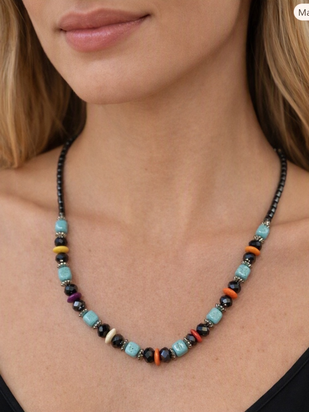 Hematite with Faux Turquoise and Multicolor Beaded Necklace 18”